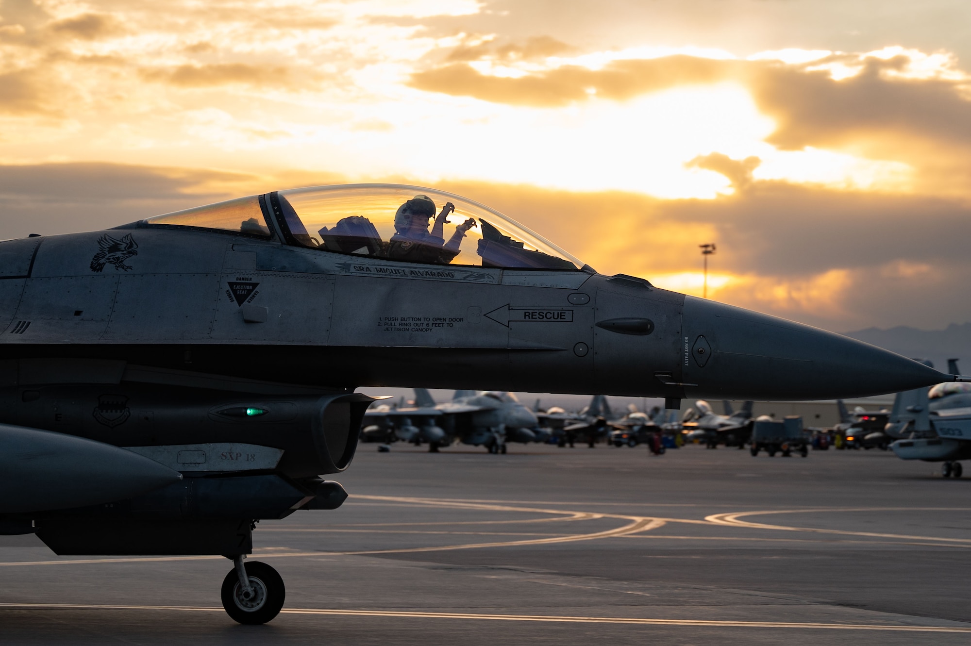 A U.S. Air Force F-16 Fighting Falcon, assigned to the 20th Fighter Wing, Shaw Air Force Base (AFB), South Carolina, taxis in after a mission during Red Flag-Nellis 25-1, Jan. 27, 2025, at Nellis AFB, Nevada.