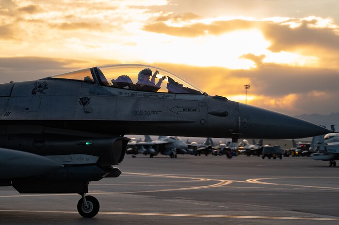 A U.S. Air Force F-16 Fighting Falcon, assigned to the 20th Fighter Wing, Shaw Air Force Base (AFB), South Carolina, taxis in after a mission during Red Flag-Nellis 25-1, Jan. 27, 2025, at Nellis AFB, Nevada.