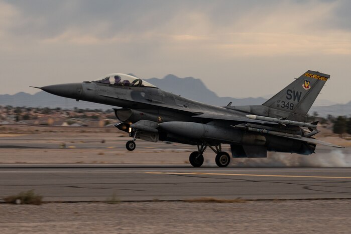 A U.S. Air Force F-16 Fighting Falcon, assigned to the 20th Fighter Wing, Shaw Air Force Base (AFB), South Carolina, lands after a mission during Red Flag-Nellis 25-1, Jan. 27, 2025, at Nellis AFB, Nevada.