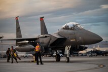 U.S. Air Force Airmen assigned to 366th Fighter Wing, Mountain Home Air Force Base (AFB), Idaho, recover an F-15E Strike Eagle after a mission during Red Flag-Nellis 25-1, Jan. 27, 2025, at Nellis AFB, Nevada.
