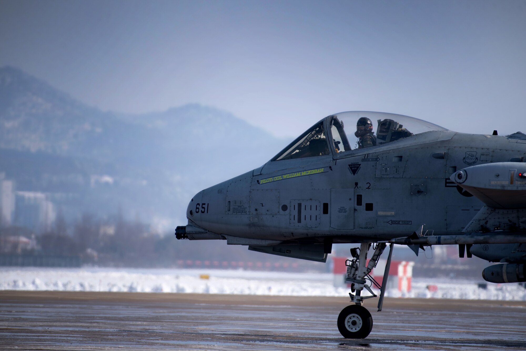 A U.S. Air Force A-10 Thunderbolt II assigned to the 25th Fighter Squadron prepares to taxi during Beverly Herd 25-2, at Osan Air Base, Republic of Korea, Jan. 29, 2025. The “Fight Tonight” mission signifies that regardless of weather conditions, the 51st Fighter Wing is always ready to generate airpower in defense of the Korean Peninsula. (U.S. Air Force photo by Senior Airman Sabrina Fuller-Judd)