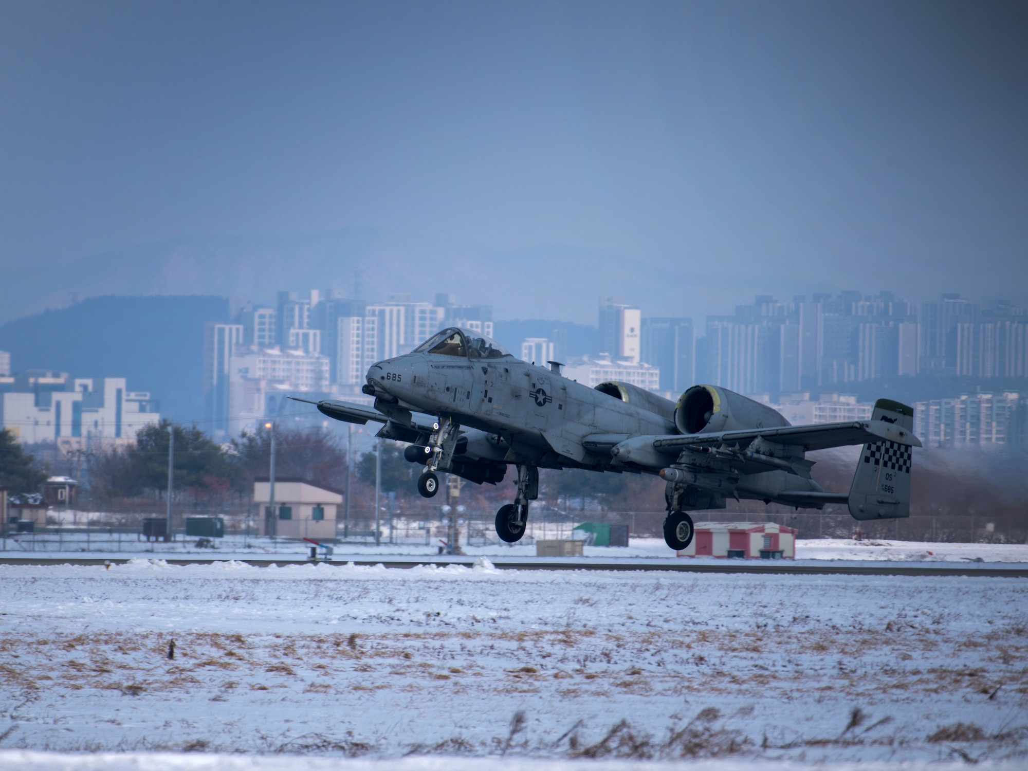 A U.S. Air Force A-10 Thunderbolt II assigned to the 25th Fighter Squadron takes off during Beverly Herd 25-2, at Osan Air Base, Republic of Korea, Jan 29, 2025. The “Fight Tonight” mission signifies that regardless of weather conditions, the 51st Fighter Wing is always ready to generate airpower in defense of the Korean Peninsula. (U.S. Air Force photo by Senior Airman Sabrina Fuller-Judd)