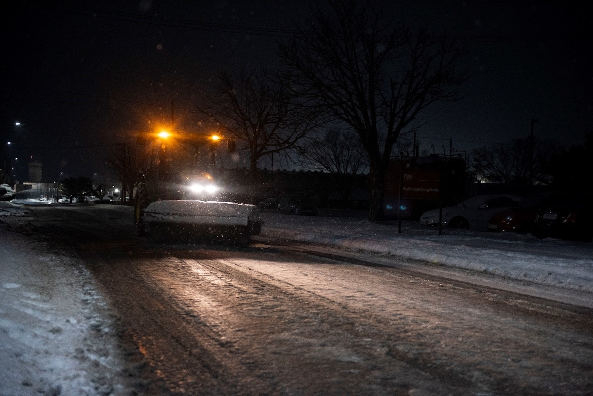 An Airman assigned to the 51st Civil Engineer Squadron Snow Team operates a snow clearing machine during exercise Beverly Herd 25-2 at Osan Air Base, Republic of Korea, Jan. 29, 2025. An unprecedented nine inches of snowfall was recorded on Osan during the exercise. Snow clearing operations were crucial to the continuation of safe operations, both exercise and real-world. (U.S. Air Force photo by Staff Sgt. Jason W. Cochran)