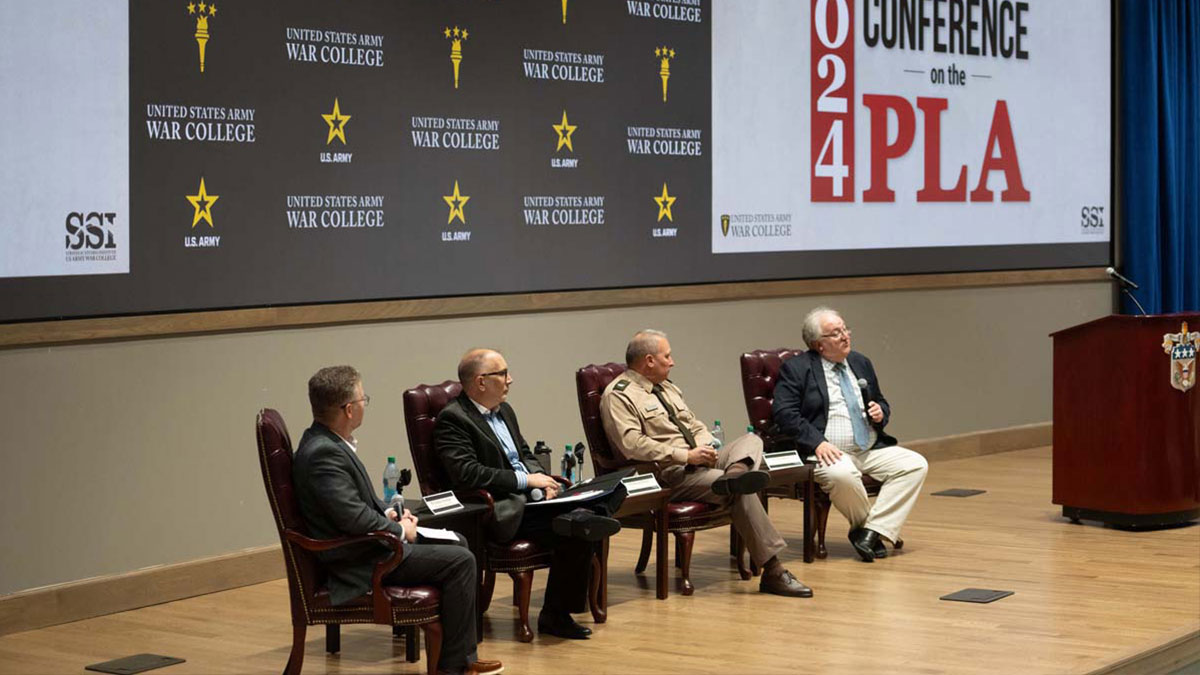 From left to right are Moderator Mr. Josh Arostegui, China Landpower Studies Center (CLSC), USAWC, and Panel Members:  Dr. Kevin Pollpeter, CASI, COL Richard Butler, Director CLSC, and Dr. Phil Saunders, NDU.