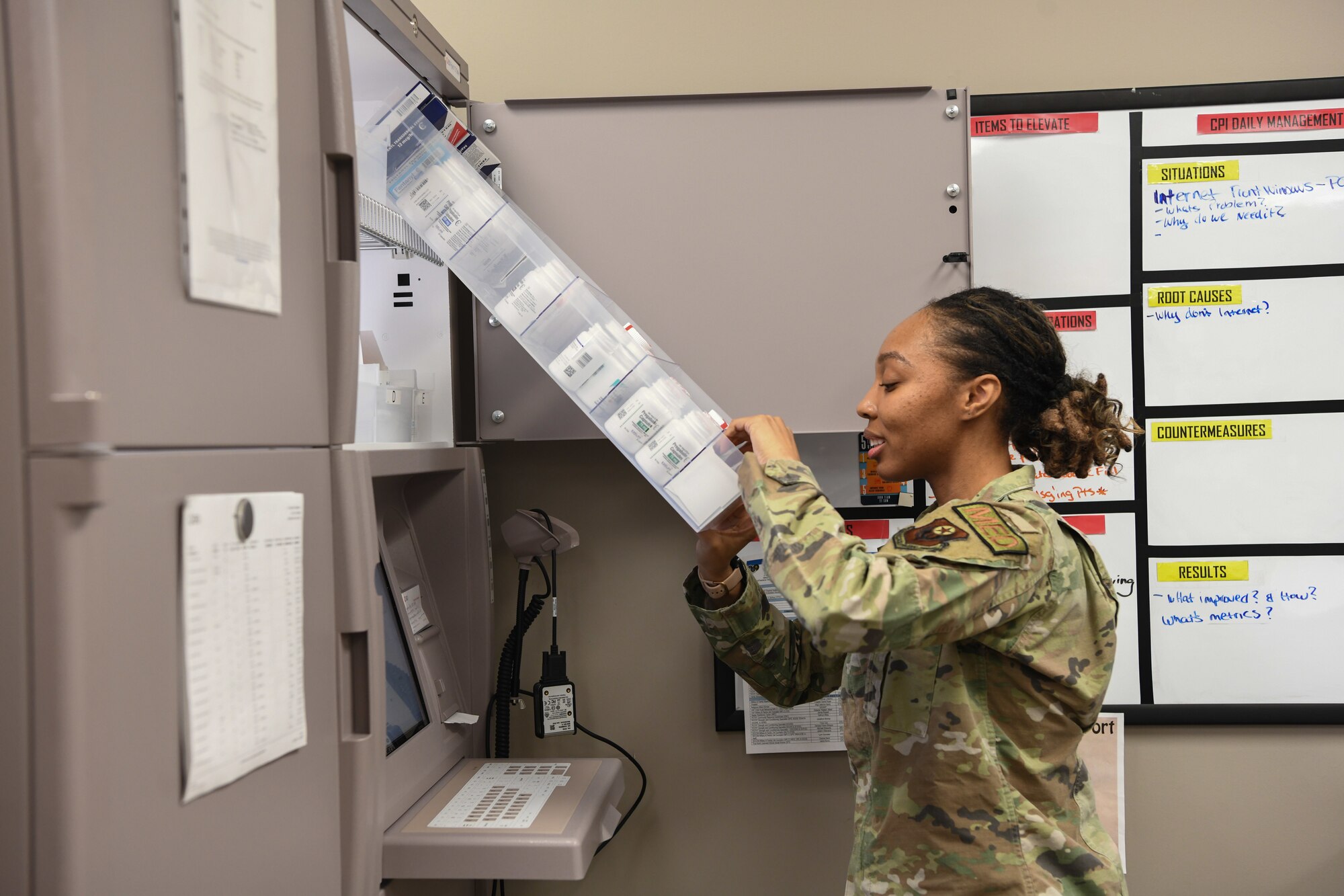 Air Force Capt. Modesta Ugochukwu, 27th Special Operations Healthcare Operations Squadron chief of pharmacy operations, audits the controlled substances at Cannon Air Force Base, New Mexico, Jan. 14, 2025. The recent addition of contract pharmacists and technicians has helped the pharmacy manage high demand and reduce wait times. (U.S. Air Force photo by Senior Airman Drew Cyburt)