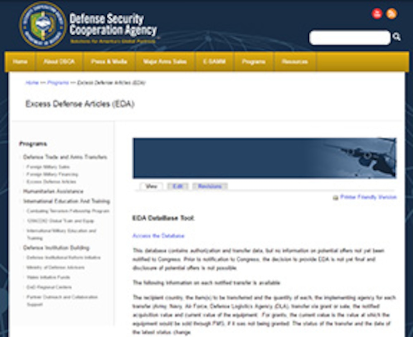 Screenshot of the Excess Defense Article site