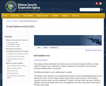 Screenshot of the Excess Defense Article site