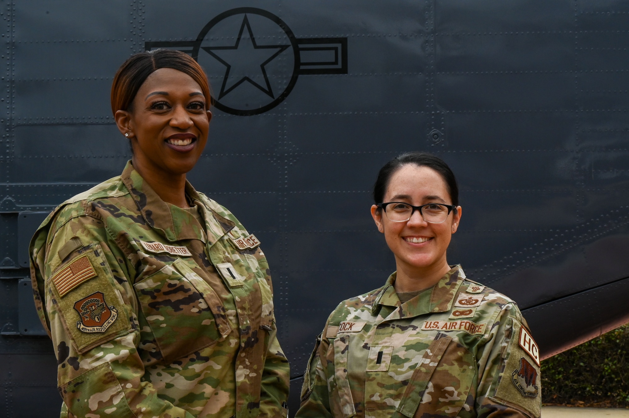 U.S. Air Force 1st Lt. Ayanna Lenard, 459 Air Refueling Wing chaplain and 1st Lt. Megan Aycock, 20th Fighter Wing chaplain pose for a photo at Maxwell Air Force Base, Alabama, Jan. 31, 2025.