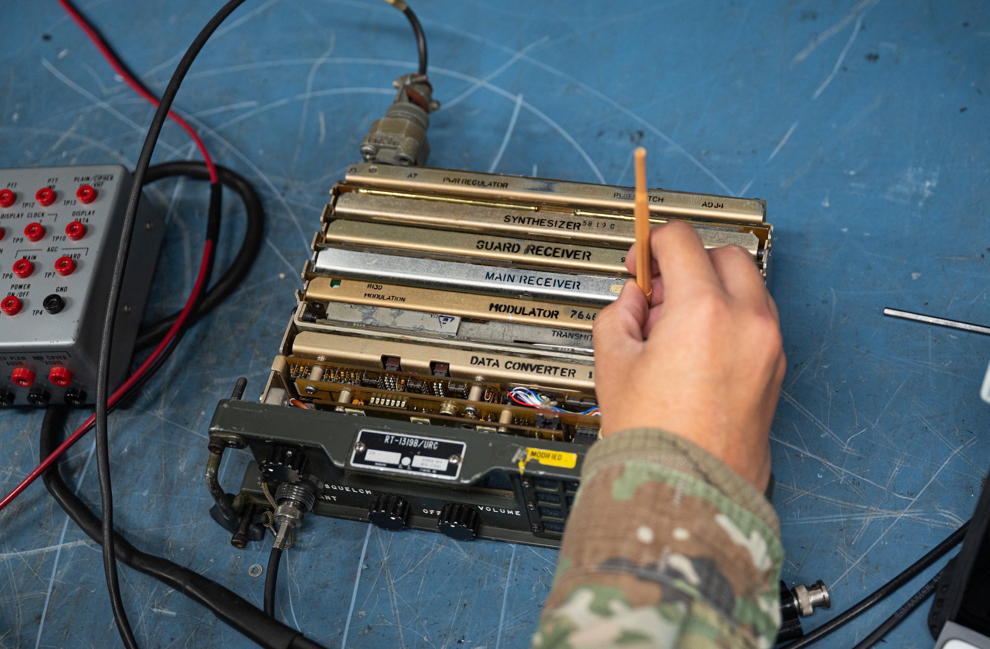 U.S. Air Force Senior Airman Jeffrey Rodriguez, 42nd Operation Support Squadron, Radar, Airfield and Weather Systems technician, perform maintenance on equipment at Maxwell Air Force Base, Alabama, January 27, 2025.