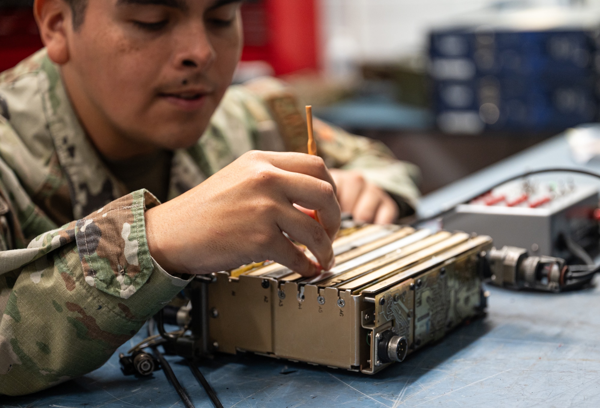 U.S. Air Force Senior Airman Jeffrey Rodriguez, 42nd Operation Support Squadron, Radar, Airfield and Weather Systems technician, works at his workstation at Maxwell Air Force Base, Alabama, January 27, 2025.