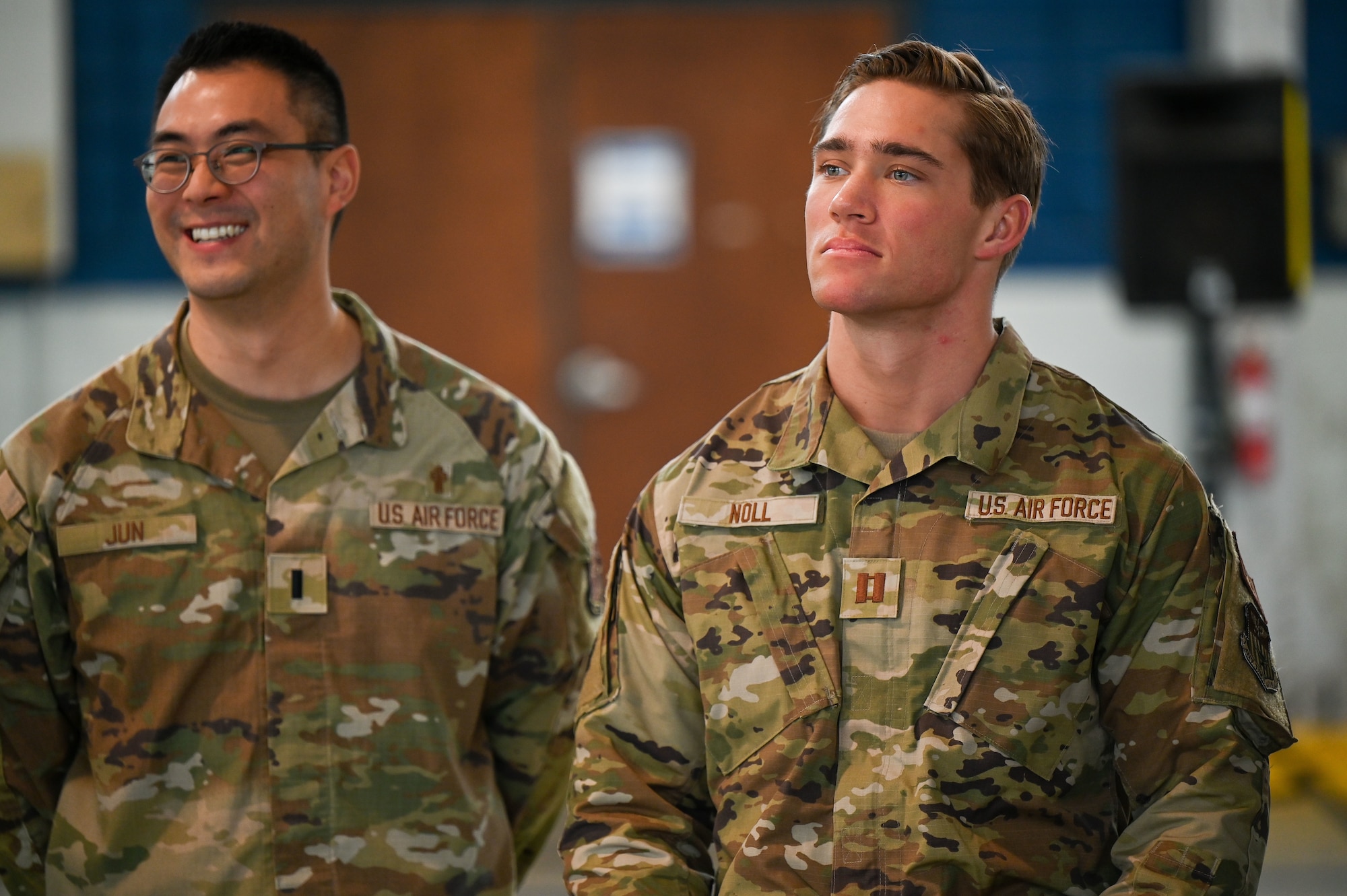 U.S. Air Force 1st Lt. Joseph H. Jun, Air Force Global Strike Command chaplain, and Capt. Jessi B. Noll, Special Operation Wing chaplain attend a training in military funeral honor protocols at Maxwell Air Force Base, Alabama, Jan. 27, 2025.