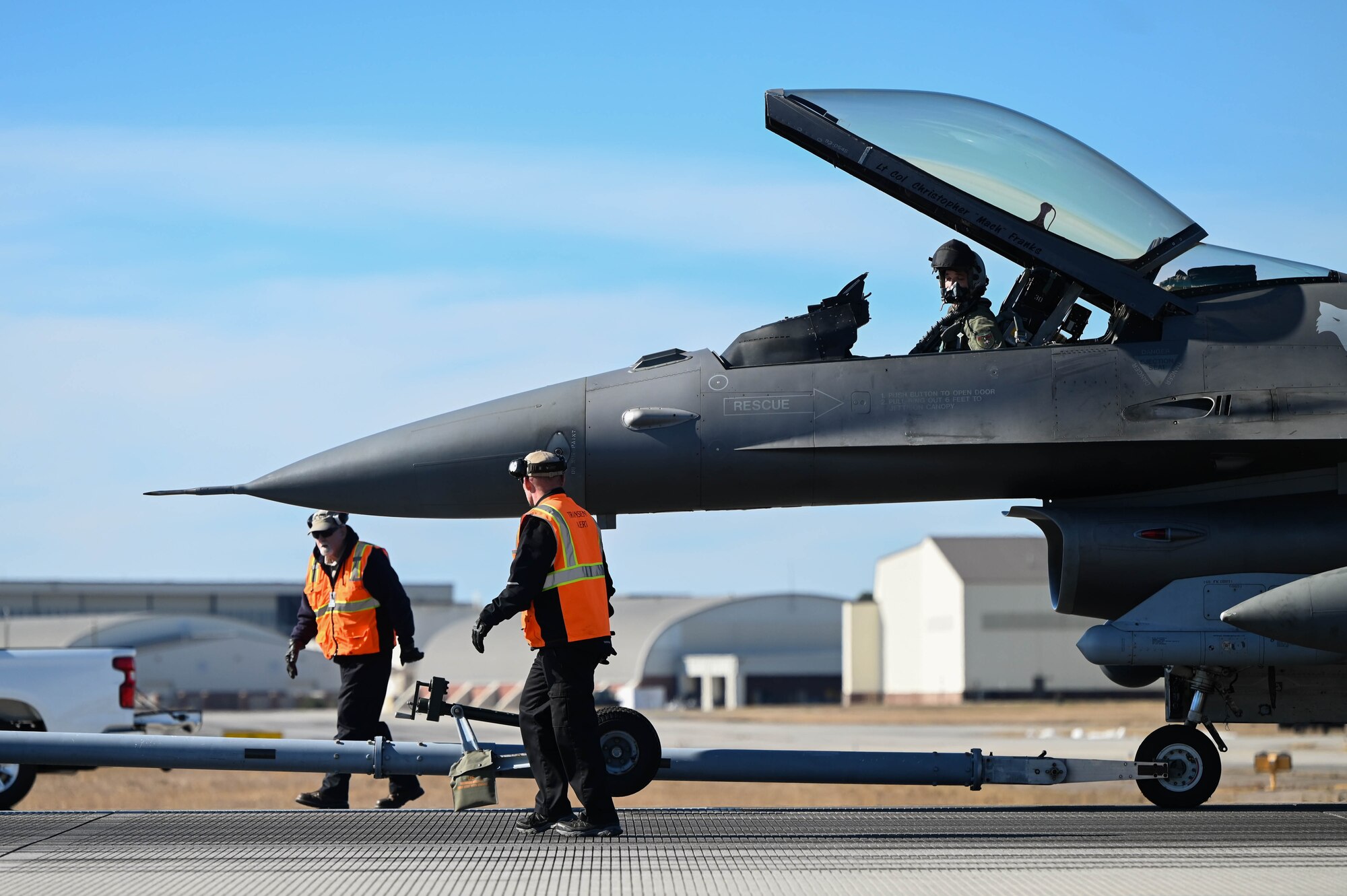 U.S. Air Force Maj. David Leedom, 157th Fighter Squadron pilot, McEntire Joint National Guard Base, South Carolina, is towed to re-fuel after completing an arresting cable certification at Joint Base Charleston, S.C., Jan. 28, 2025. Joint Base Charleston works in conjunction with different bases to maximize mission performance through safety training procedures and annual certifications.