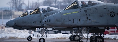 OSAN AIR BASE, GYEONGGIDO [KYONGGI-DO], South Korea (Jan. 29, 2025) — U.S. Air Force A-10 Thunderbolt IIs assigned to the 25th Fighter Squadron await permission to taxi during Beverly Herd 25-2, at Osan Air Base, Republic of Korea, Jan. 29, 2025. Despite heavy snowfall, 51st FW personnel work around the clock to keep the airfield clear and capable of generating combat airpower to support the large force exercise. (U.S. Air Force photo by Senior Airman Sabrina Fuller-Judd)
