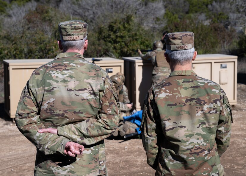 U.S. Air Force Maj. Gen. Sean Collins, Air Force Medical Command commander, and Brig. Gen. Jason Lennen, Director of Policy and Resources at the Office of the Surgeon General, observed Airmen conducting Tactical Combat Casualty Care (TCCC) training on Jan. 31, 2025, at the 59th Medical Readiness Training Center.