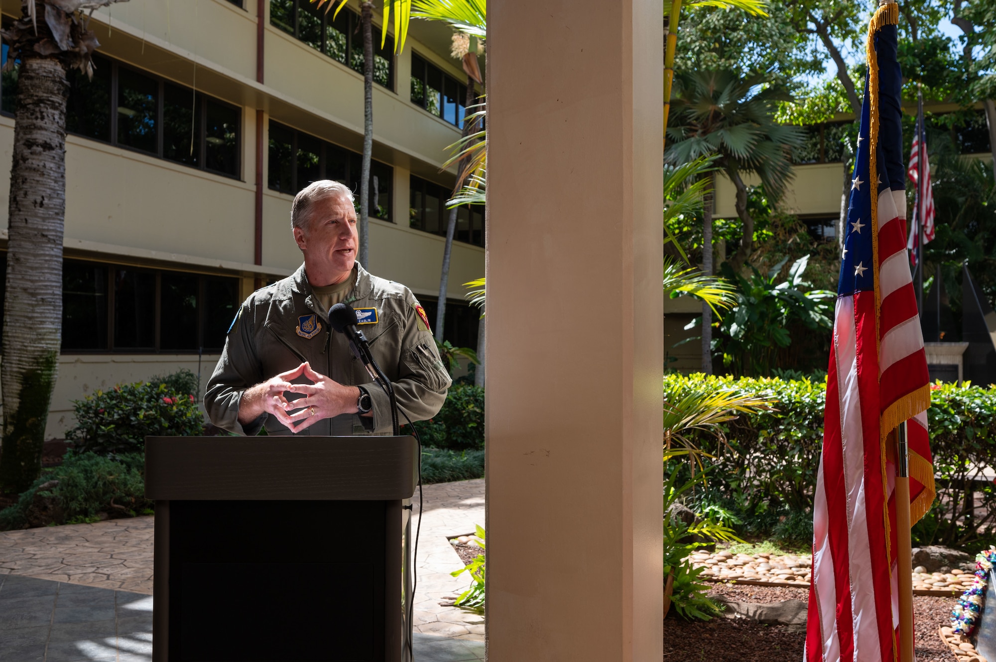 Maj. Gen. David Eaglin, Pacific Air Forces Air Operations (A3) director, gives opening remarks in a stand-up ceremony establishing the Pacific Air Forces Cyber Operations and Warfighting Communications (A6) directorate at Joint Base Pearl Harbor-Hickam, Hawaii, Jan. 31, 2025. The ceremony recognizes the decoupling of A6 from the A3 directorate, synchronizing PACAF’s approach to cyber operations, communications, and data strategies. (U.S. Air Force photo by Senior Airman Melody Bordeaux)