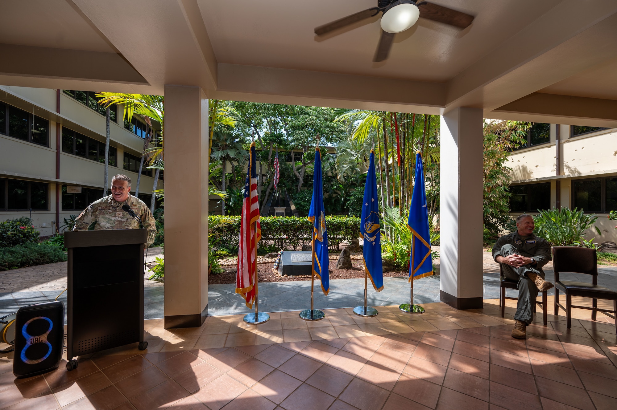 Col. Eric Crowell, Pacific Air Forces Cyber Operations and Warfighting Communications (A6) director, delivers closing remarks at the A6 stand-up ceremony at Joint Base Pearl
Harbor-Hickam, Hawaii, Jan. 31, 2025. The A6 directorate provides key insights for PACAF’s planning, network architecture, and the implementation of cyber operations,
communications, and network policy for operations. (U.S. Air Force photo by Senior Airman Melody Bordeaux)