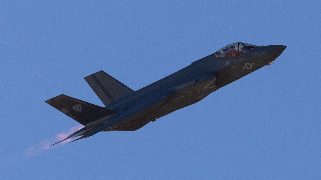 An F-35C Lightning II assigned to Marine Fighter Attack Squadron (VMFA) 311, Marine Aircraft Group 11, 3rd Marine Aircraft Wing, takes off from  Marine Corps Air Station Miramar, California, during a Large Force Exercise conducted by MAG-11 and MAG-13 on Jan. 15, 2025. LFE is a high-fidelity combat training event over the Southern California coast, incorporating defensive counter-air and air interdiction missions. The exercise provides pilots with invaluable experience in mission planning and execution, including opportunities to serve as division leads or mission commanders. (U.S. Marine Corps photo by Cpl. Johnson Truong)