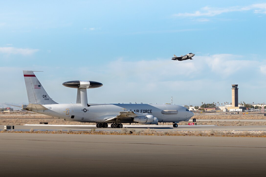 A U.S. Air Force E-3 Sentry (AWACS) with Air Combat Command, 552d Air Control Wing out of Tinker Air Force Base taxis the runway during a Large Force Exercise (LFE) conducted by Marine Aircraft Group (MAG) 11 and MAG-13 at Marine Corps Air Station Yuma, Arizona, January 16, 2025.