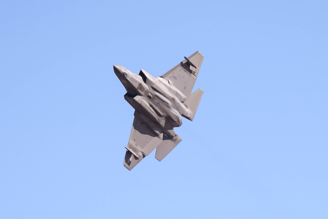 An F-35C Lightning II assigned to Marine Fighter Attack Squadron (VMFA) 314, Marine Aircraft Group 11, 3rd Marine Aircraft Wing, takes off from Marine Corps Air Station Miramar, California, during a Large Force Exercise conducted by MAG-11 and MAG-13 on Jan. 15, 2025. LFE is a high-fidelity combat training event over the Southern California coast, incorporating defensive counter-air and air interdiction missions. The exercise provides pilots with invaluable experience in mission planning and execution, including opportunities to serve as division leads or mission commanders. (U.S. Marine Corps photo by Lance Cpl. Alexis Ibarra)