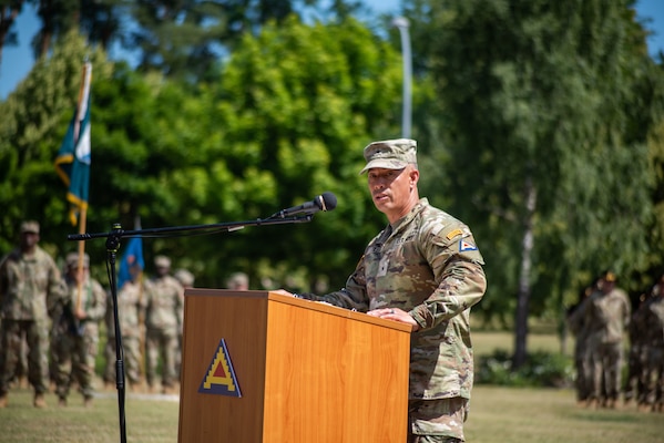 U.S. Army Brig. Gen. Terry R. Tillis, the incoming commander of the 7th Army Training Command, gives speech during the 7th ATC change of command ceremony on Tower Barracks Parade Field in Grafenwoehr, Germany, June 30, 2025. Brig. Gen. Terry R. Tillis assumed command of the Army’s largest overseas training command in the ceremony. (U.S. Army photo by Sgt. Kammen Taylor)