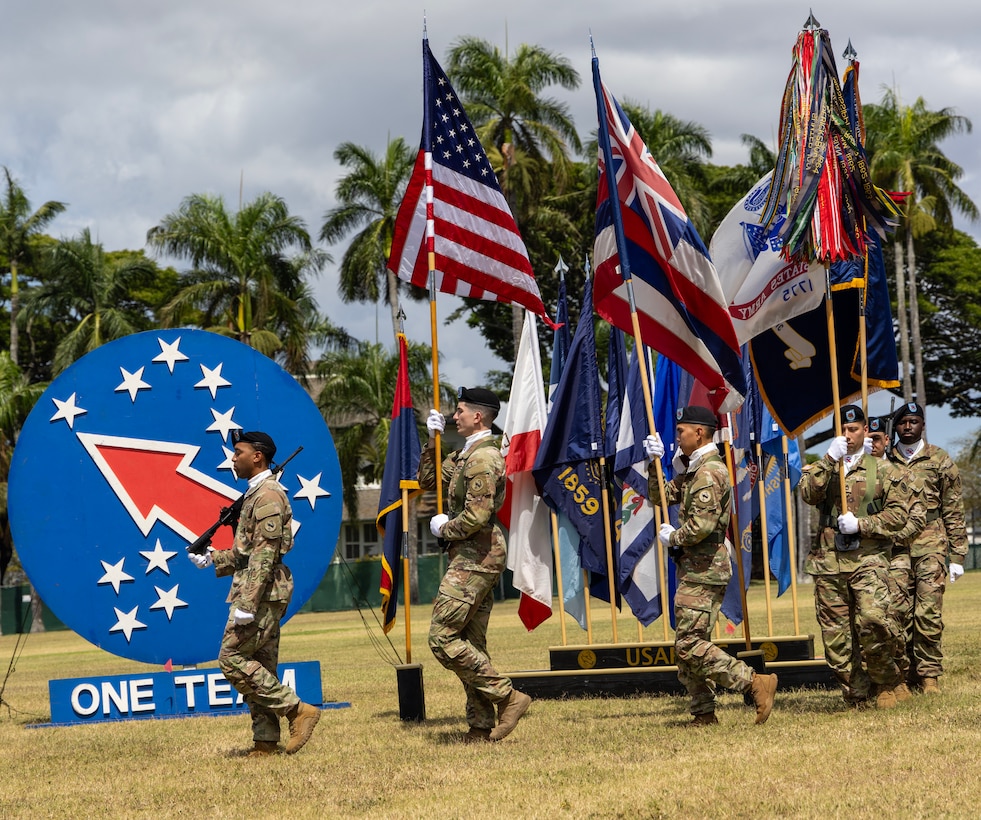 USARPAC Color Guard marches for the Flying-V Ceremony on Fort Shafter, HI on June 30, 2025. USARPAC bids farewell to Maj. Gen. James Bartholomees and Maj. Gen. Jeff Vanatwerp. (U.S. Army photo by Sgt. Ian P. Burns)