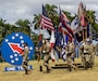 USARPAC Color Guard marches for the Flying-V Ceremony on Fort Shafter, HI on June 30, 2025. USARPAC bids farewell to Maj. Gen. James Bartholomees and Maj. Gen. Jeff Vanatwerp. (U.S. Army photo by Sgt. Ian P. Burns)