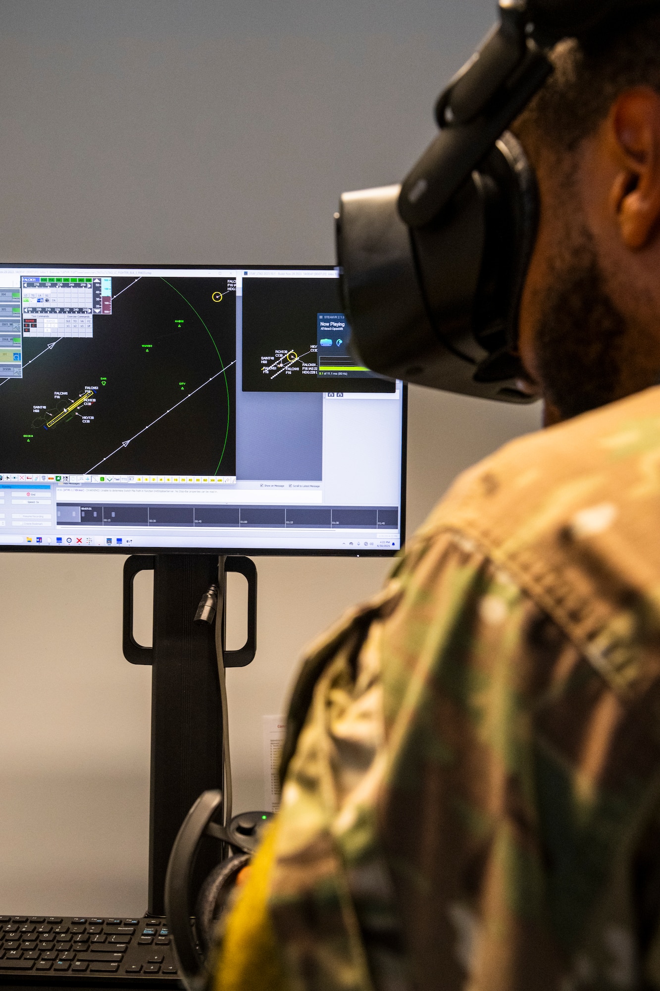 U.S. Air Force Tech. Sgt. Brandon Johnson-Farmer, 39th Operations Support Squadron senior watch supervisor, trains with the virtual reality tower simulator at Incirlik Air Base, Türkiye, June 30, 2025.