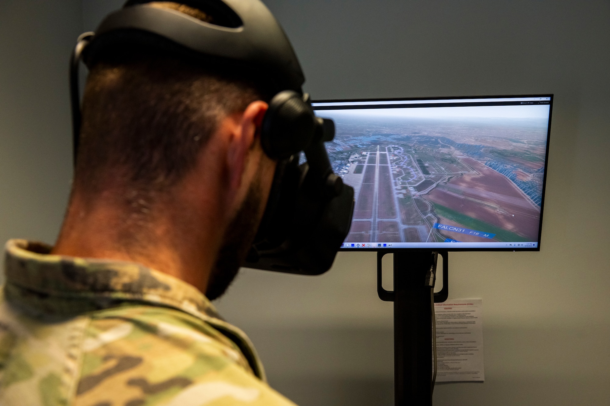 U.S. Air Force Senior Airman Jacob Rigby, 39th Operations Support Squadron air traffic control trainer, navigates a simulated airfield using virtual reality at Incirlik Air Base, Türkiye, June 30, 2025.