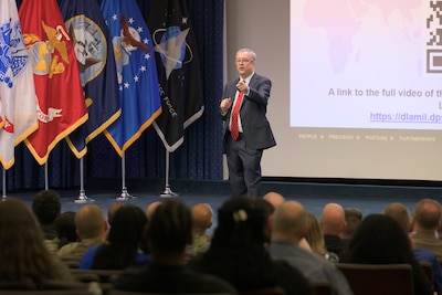 Brendan Mulvaney, director of the China Aerospace Studies Institute at National Defense University, speaks to Defense Logistics Agency employees