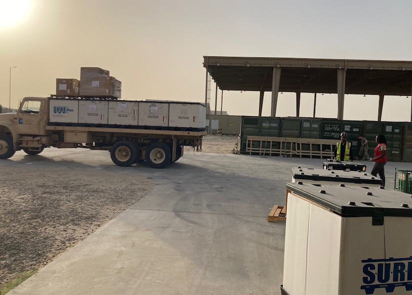 APS-5 staff prepare and load equipment and supplies for hand-off to 3rd Medical Command (Forward) personnel to establish a forward resuscitative surgical detachment, or FRSD, at Camp Arifjan, Kuwait, as part of an emergency deployment readiness exercise, or EDRE. The set included over 48 tri-walls of medical equipment and supplies.