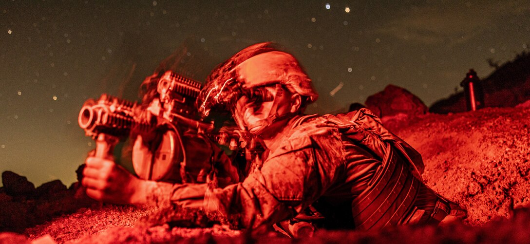 U.S. Marine Corps Lance Cpl. Jordan Graham, an infantryman with 1st Battalion, 23rd Marine Regiment, 4th Marine Division, sights into an M32A1 grenade launcher during Integrated Training Exercise 3-25 (ITX 3-25) at Marine Corps Air Ground Combat Center, Twentynine Palms, California, June 13th, 2025. ITX is a critical Marine Air-Ground Task Force exercise for the Marine Forces Reserve’s training cycle, confirming unit readiness through live-fire and combined arms integration. (U.S. Marine Corps photo by Lance Cpl. Edward Spears)