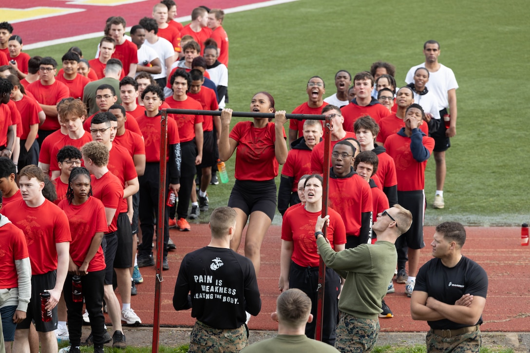 U.S. Marine Corps poolees with Recruiting Station Richmond perform pullup exercises during the annual Statewide pool function at Marine Corps Base Quantico, Virginia, April 12, 2025. The statewide pool function served as an opportunity for future Marines to build camaraderie and experience firsthand some of the rigors they will face during recruit training. (U.S. Marine Corps photo by Cpl. Trion D. Jenkins)