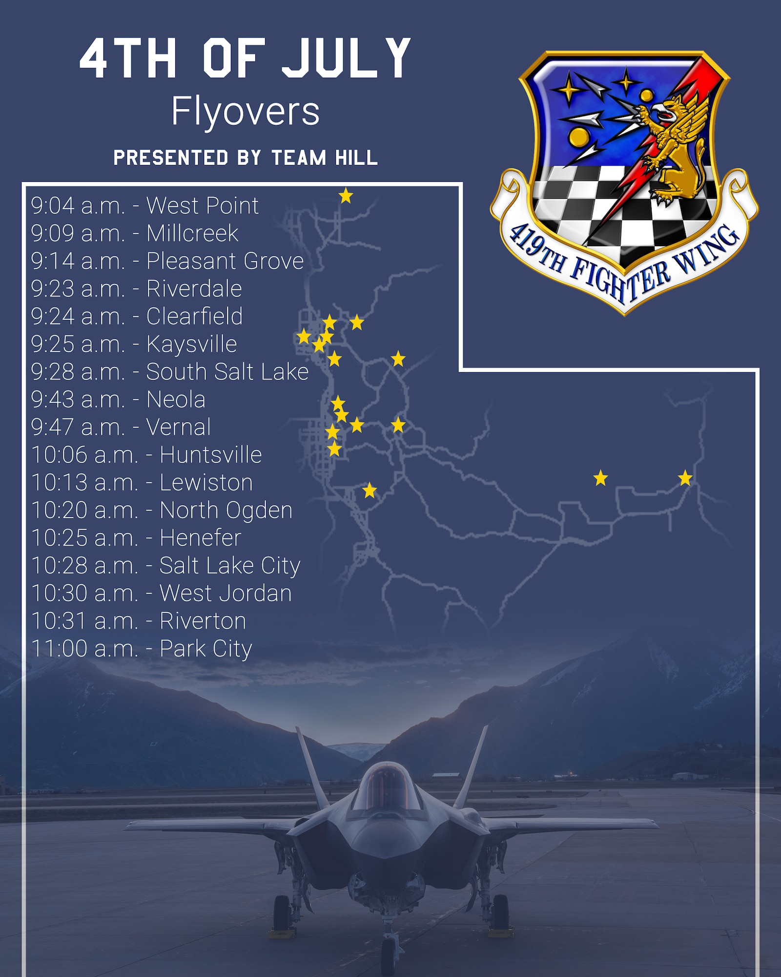 -- Hill Air Force Base is proud to announce the continued tradition of its Airmen honoring local Independence Day celebrations with a series of F-35A Lightning II flyovers across Utah. This year marks the 37th year that the 419th Fighter Wing has led Team Hill in this tradition, connecting with communities through these high-visibility demonstrations of airpower on the Fourth of July.