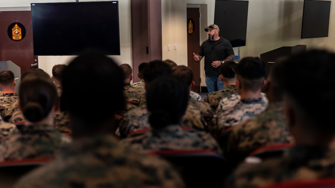 Retired U.S. Marine Corps Chief Warrant Officer 4 Anthony L. Viggiani discusses the importance of discipline and standards in a combat environment with Marine non-commissioned officers from across the west coast on Marine Corps Base Camp Pendleton, California, June 25, 2025.