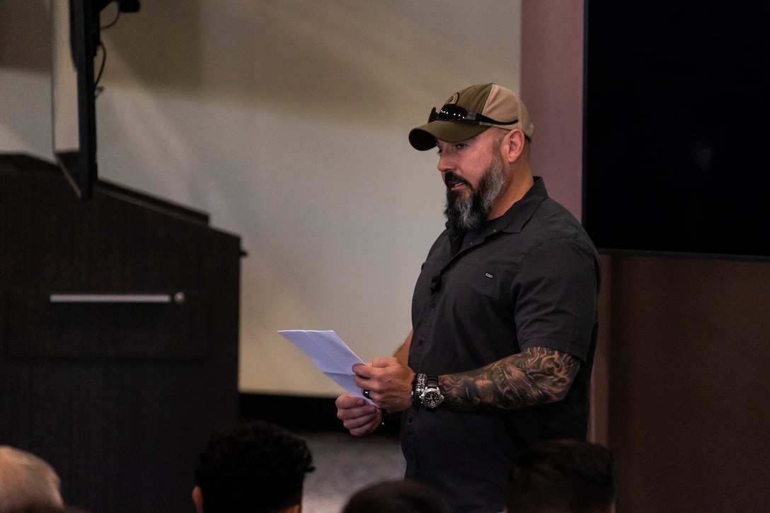 Retired U.S. Marine Corps Chief Warrant Officer 4 Anthony L. Viggiani discusses the importance of discipline and standards in a combat environment with Marine non-commissioned officers from across the west coast on Marine Corps Base Camp Pendleton, California, June 25, 2025.