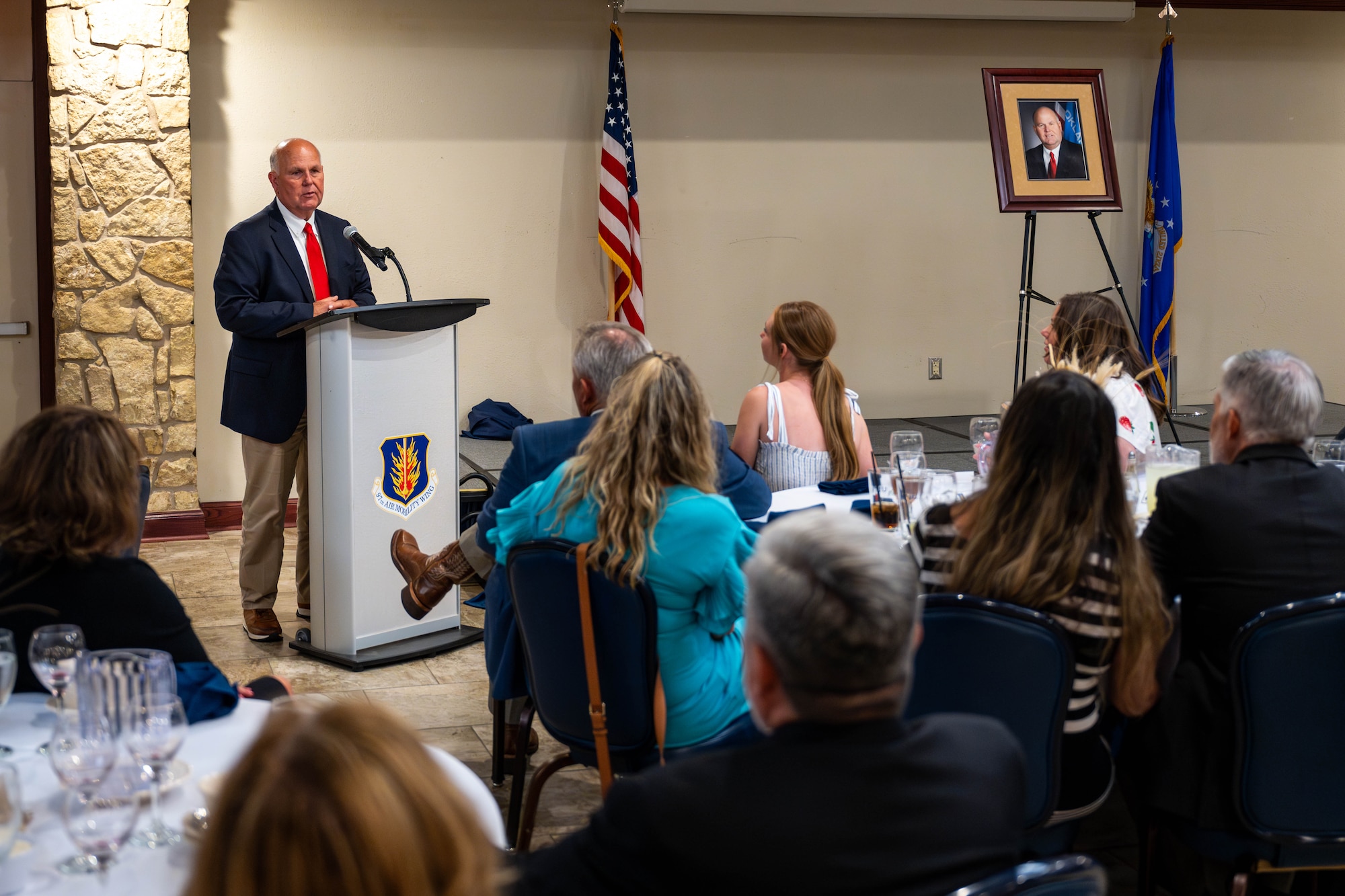 Gary Jones, Altus city manager, delivers a speech during the Friends of Altus Induction Ceremony, June 26, 2025, at Altus Air Force Base (AFB), Oklahoma. Jones was inducted for his contributions to Altus AFB. (U.S. Air Force Photo by Airman 1st Class Jonah Bliss)
