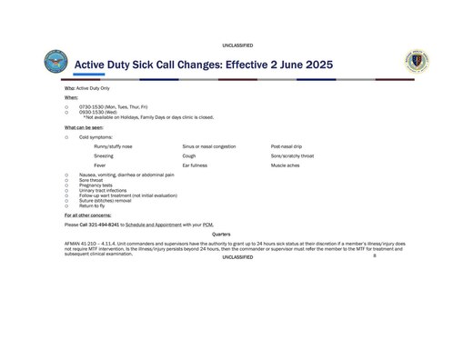 We have made changes to our sick call and are now doing walk in hours for our Active Duty Beneficiaries!