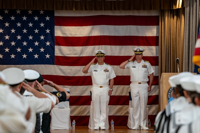 250630-N-EN156-1037 SILVERDALE, Wash. (June 30, 2025) — Capt. Jason Sherman and Capt. Ray Rivers salute for the departure of the official party during a change of command ceremony held in the Bangor Plaza at Naval Base Kitsap-Bangor, June 30, 2025. During the ceremony Capt. Jason Sherman relieved Rear Adm. Mark Sucato as commander, Navy Region Northwest. Commander, Navy Region Northwest provides consolidated base operations support for Navy activities in Washington, Oregon, Alaska, Idaho, Montana, Wyoming, North Dakota, South Dakota, Nebraska, Minnesota and Iowa. The commander oversees the assigned shore organization and provides facilities and space management, exercise coordination, and support to homeported and transient ships, submarines and aircraft as well as afloat and ashore tenants, military and family members. (U.S. Navy photo by Lt. Zachary Anderson)