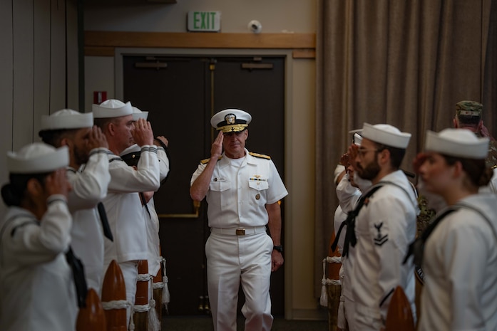 250630-N-EN156-1160 SILVERDALE, Wash. (June 30, 2025) Adm. Steve Koehler, commander, U.S. Pacific Fleet, departs a change of command ceremony held in Bangor Plaza at Naval Base Kitsap-Bangor, June 30, 2025. During the ceremony Capt. Jason Sherman relieved Rear Adm. Mark Sucato as commander, Navy Region Northwest. Commander, Navy Region Northwest provides consolidated base operations support for Navy activities in Washington, Oregon, Alaska, Idaho, Montana, Wyoming, North Dakota, South Dakota, Nebraska, Minnesota and Iowa. The commander oversees the assigned shore organization and provides facilities and space management, exercise coordination, and support to homeported and transient ships, submarines and aircraft as well as afloat and ashore tenants, military and family members. (U.S. Navy photo by Lt. Zachary Anderson)