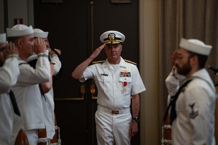 250630-N-EN156-1173 SILVERDALE, Wash. (June 30, 2025) — Rear Adm. Mark Sucato departs a change of command ceremony held in Bangor Plaza at Naval Base Kitsap-Bangor, June 30, 2025. During the ceremony Capt. Jason Sherman relieved Sucato as commander, Navy Region Northwest. Commander, Navy Region Northwest provides consolidated base operations support for Navy activities in Washington, Oregon, Alaska, Idaho, Montana, Wyoming, North Dakota, South Dakota, Nebraska, Minnesota and Iowa. The commander oversees the assigned shore organization and provides facilities and space management, exercise coordination, and support to homeported and transient ships, submarines and aircraft as well as afloat and ashore tenants, military and family members. (U.S. Navy photo by Lt. Zachary Anderson)