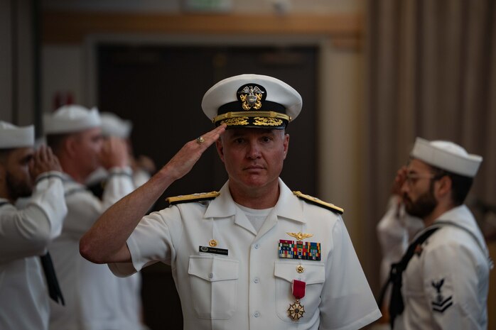250630-N-EN156-1180 SILVERDALE, Wash. (June 30, 2025) — Rear Adm. Mark Sucato departs a change of command ceremony held in Bangor Plaza at Naval Base Kitsap-Bangor, June 30, 2025. During the ceremony Capt. Jason Sherman relieved Sucato as commander, Navy Region Northwest. Commander, Navy Region Northwest provides consolidated base operations support for Navy activities in Washington, Oregon, Alaska, Idaho, Montana, Wyoming, North Dakota, South Dakota, Nebraska, Minnesota and Iowa. The commander oversees the assigned shore organization and provides facilities and space management, exercise coordination, and support to homeported and transient ships, submarines and aircraft as well as afloat and ashore tenants, military and family members. (U.S. Navy photo by Lt. Zachary Anderson)