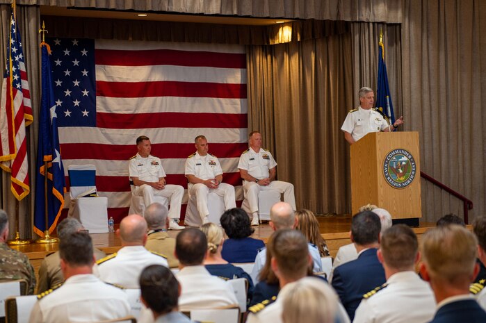 250630-N-MZ309-2076 SILVERDALE, Wash. (June 30, 2025) — Adm. Steve Koehler, commander, U.S. Pacific Fleet, delivers remarks during a change of command ceremony held in Bangor Plaza at Naval Base Kitsap-Bangor, June 30, 2025. Commander, Navy Region Northwest provides consolidated base operations support for Navy activities in Washington, Oregon, Alaska, Idaho, Montana, Wyoming, North Dakota, South Dakota, Nebraska, Minnesota and Iowa. The commander oversees the assigned shore organization and provides facilities and space management, exercise coordination, and support to homeported and transient ships, submarines and aircraft as well as afloat and ashore tenants, military and family members. (U.S. Navy photo by Mass Communication Specialist 1st Class Ryan Riley)