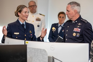 Officer in Charge of Joint Commercial Operations - Australia, Squadron Leader Joelene Martin speaks with Gen. Stephen Whiting, U.S. Space Command commander, during his visit to Adelaide, Australia, June 20, 2025. This was part of a larger visit Whiting made across the Indo-Pacific, including Australia, New Zealand and INDOPACOM in Hawaii, where he met with key defense, government and industry partners–deepening collaboration, strengthening space cooperation, and underscoring the shared commitment to a free and open Indo-Pacific.