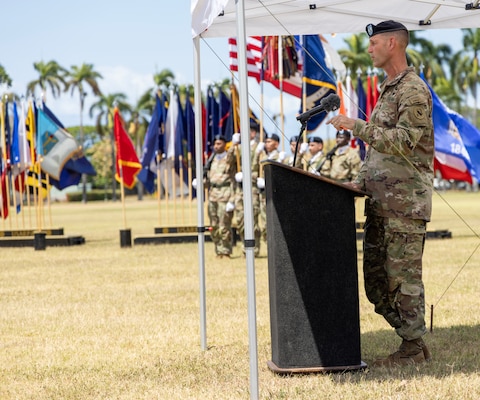 U.S. Army Maj. Gen. James Bartholomees, USARPAC Chief of staff, delivers a speech to attendees at Flying-V Ceremony on Fort Shafter, HI on June 30, 2025.  USARPAC bids farewell to Maj. Gen. James Bartholomees and Maj. Gen. Jeff Vanatwerp. (U.S. Army photo by Sgt. Ian P. Burns).