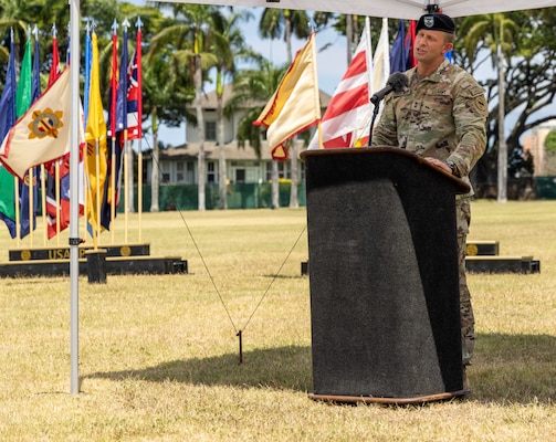 U.S. Army Maj. Gen. Jeff VanAntwerp, USARPAC G3 operations officer, delivers a speech at the USARPAC Flying-V Ceremony on Fort Shafter, HI on June 30, 2025. USARPAC bids farewell to Maj. Gen. James Bartholomees and Maj. Gen. Jeff Vanatwerp. (U.S. Army photo by Sgt. Ian P. Burns)
