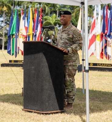 U.S. Army Gen. Ronald Clark, Commander of USARPAC, delivers a speech to attendees at the Flying-V Ceremony on Fort Shafter, HI on June 30, 2025. USARPAC bids farewell to Maj. Gen. James Bartholomees and Maj. Gen. Jeff Vanatwerp. (U.S. Army photo by Sgt. Ian P. Burns)