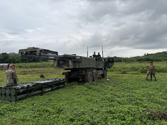 Soldiers from 5-3 Long Range Fires Battalion and Philippine Army Artillery Regiment reload an M142 HIMARS during a live-fire exercise on 30 June, at Fort Magsaysay Military Reservation, Nueva Ecija, Philippines.