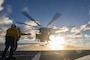 A U.S. Marine Corps CH-53E Super Stallion assigned to Marine Medium Tiltrotor Squadron (VMM) 265 (Rein.), 31st Marine Expeditionary Unit, takes off during flight operations aboard the amphibious transport dock USS San Diego (LPD 22), in the Coral Sea, June 28, 2025. Marines and Sailors conducted flight operations in order to expand mission capabilities in support of the 31st MEU. The 31st MEU is operating aboard ships of the America Amphibious Ready Group in the U.S. 7th Fleet area of operations, the U.S. Navy’s largest forward-deployed numbered fleet, and routinely interacts and operates with allies and partners in preserving a free and open Indo-Pacific region. (U.S. Marine Corps photo by Lance Cpl. Trevor BishopWilliams)