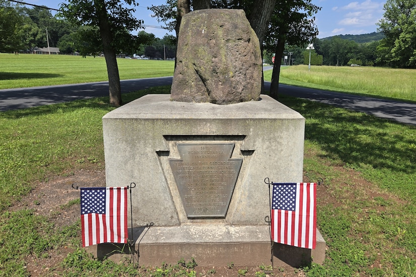 A small monument dedicated to the 16th Pennsylvania Infantry is located on the grounds of what was once the Pennsylvania State Military Reservation at Mount Gretna in southern Lebanon County, Pennsylvania. (Pennsylvania National Guard photo by Brad Rhen)