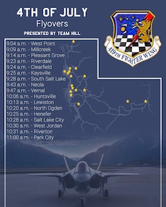 -- Hill Air Force Base is proud to announce the continued tradition of its Airmen honoring local Independence Day celebrations with a series of F-35A Lightning II flyovers across Utah. This year marks the 37th year that the 419th Fighter Wing has led Team Hill in this tradition, connecting with communities through these high-visibility demonstrations of airpower on the Fourth of July.